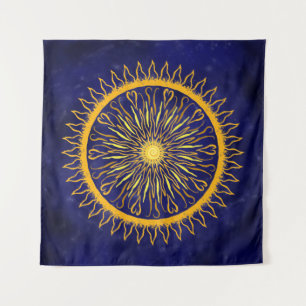 Tenture Soleil Mandala Gold Orange sur bleu céleste