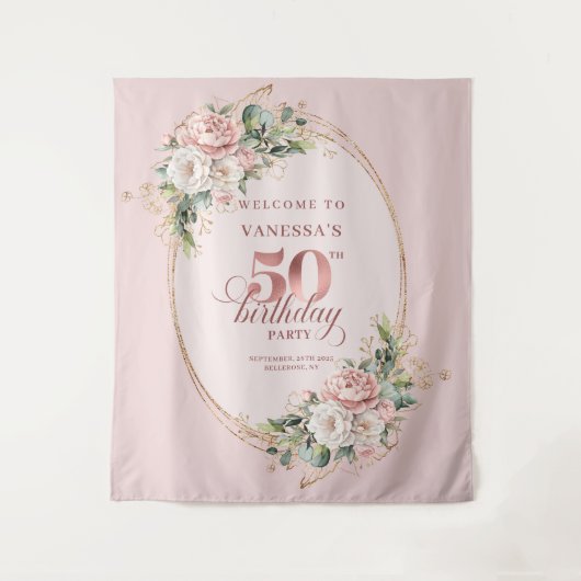 Tenture Sophisticated Blush Floral 50th Birthday Backdrop (Devant)