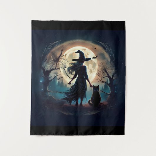 Tenture Sorcière de Joyeux Halloween à minuit (Devant)