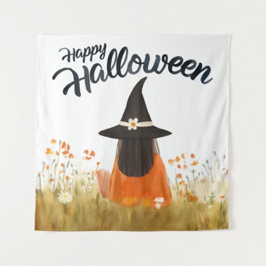 Tenture Sorcière d'Halloween dans un champ de fleurs (Devant)
