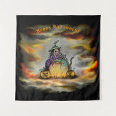 Tenture Sorcière et chat noir, Happy Halloween ! (Devant)