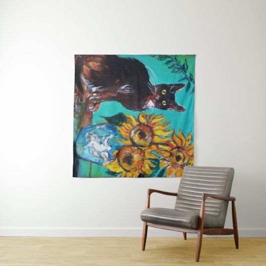 TENTURE SOUCHES AVEC CHAT EN TURQUOISE BLEUE (En situation (horizontale))