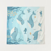 Tenture Sous la mer Baleines & Poissons en toile de fond (Devant (Horizontal))