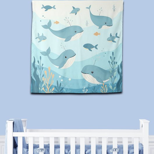 Tenture Sous la mer Baleines & Poissons en toile de fond