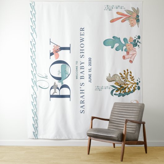 Tenture Sous l'eau de mer aquarelle bleue Fête bébé garçon (En situation)