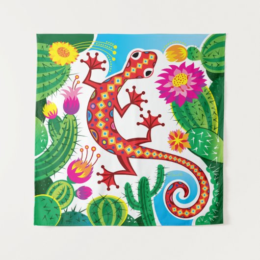 Tenture Southwest Gecko with Cactus Blossoms (Devant)