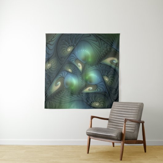Tenture Spirales Turquoise Beige Vert Abstrait Fractal Art (En situation)
