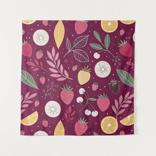 Tenture Square Botanical Tapestry – 57x57 Deep Plum Fruit (Devant)