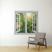Tenture Square White Window with Tropical Scenic View (En situation)