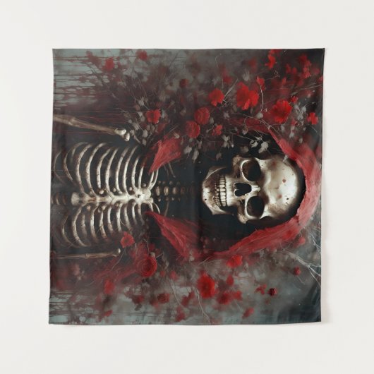 Tenture Squelette dans un cap rouge avec fleurs (Devant (Horizontal))