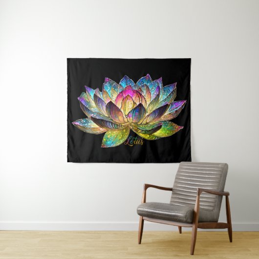 Tenture Stained Glass Colorful Lotus Flower on Black (En situation (horizontale))
