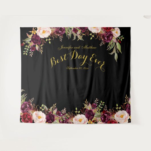 Tenture Stand de photobooth de mariage floral bordeaux or (Devant (Horizontal))