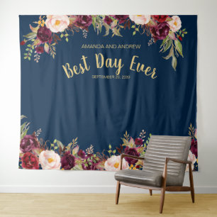 Tenture Stand de photomaton de mariage floral bordeaux or 
