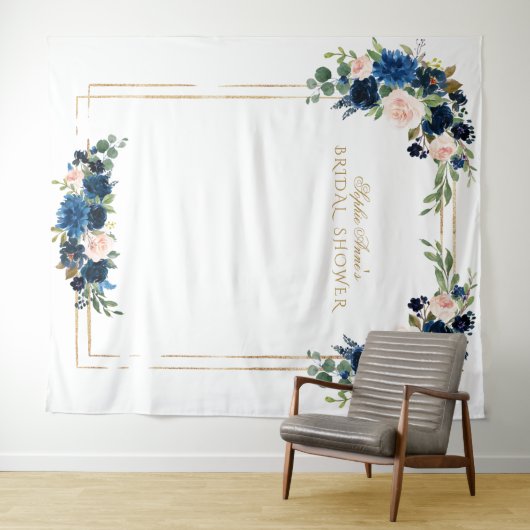 Tenture Stand photo Booth Mariage Fleurs Bleues Dorées (En situation (horizontale))
