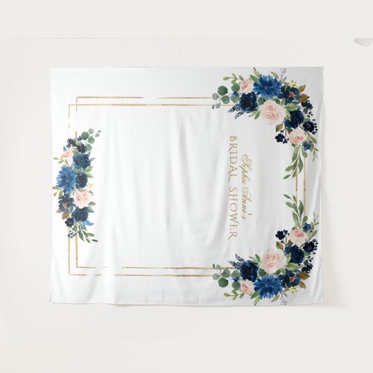 Tenture Stand photo Booth Mariage Fleurs Bleues Dorées (Devant (Horizontal))
