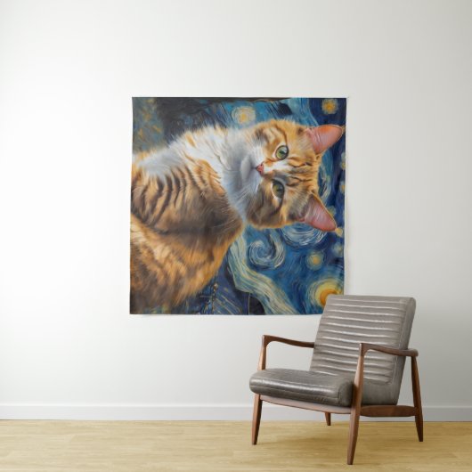 Tenture Starry Night Art with a Cat (En situation (horizontale))