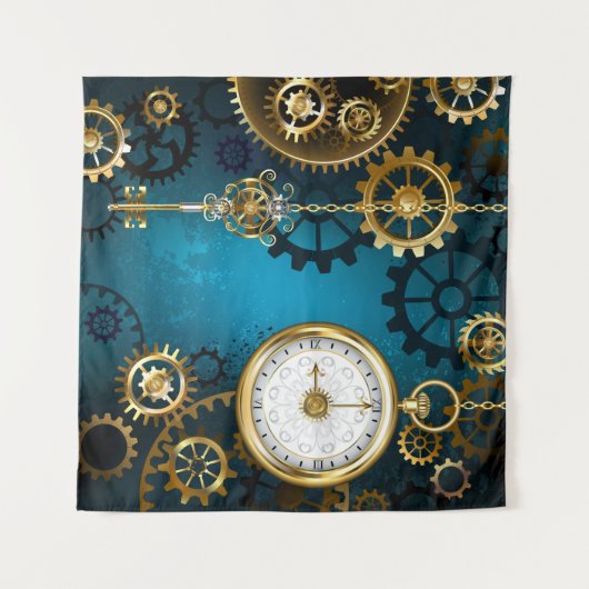 Tenture Steampunk Arrière - plan turquoise avec Gears (Devant (Horizontal))
