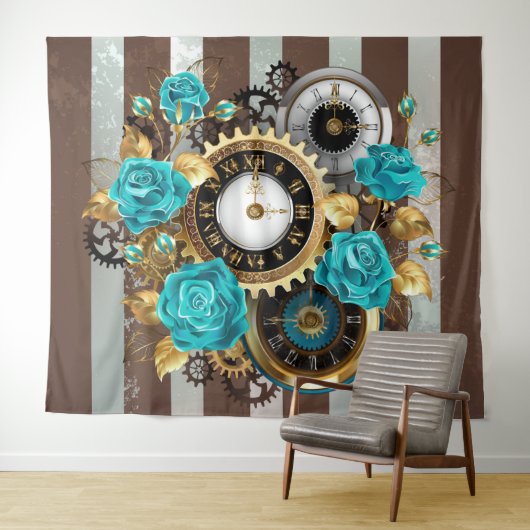 Tenture Steampunk Clock and Turquoise Roses on Striped (En situation (horizontale))