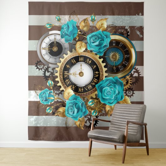 Tenture Steampunk Clock and Turquoise Roses on Striped (En situation)