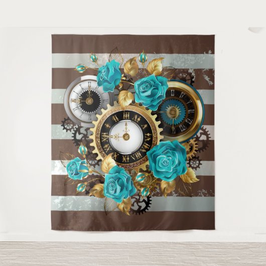 Tenture Steampunk Clock and Turquoise Roses on Striped (Devant)