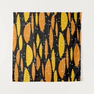 Tenture Style atomique, motif géométrique noir orange.