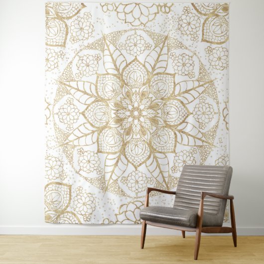 Tenture Style Boho Blanc Or Mandala Floral (En situation)