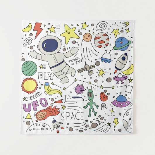 Tenture Style Doodle, illustration du thème spatial. (Devant)