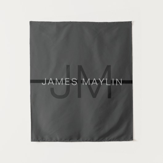 Tenture Stylé Masculin Gris Foncé Nom & Monogramme (Devant)