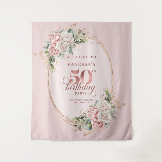 Tenture Stylish Botanical Blush 50th Birthday Backdrop (Devant)