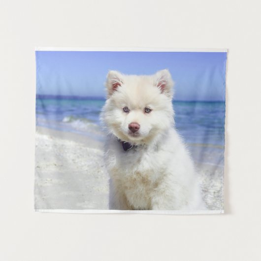 Tenture Summer Beach White Spitz Samoyé chien animal de co (Devant (Horizontal))