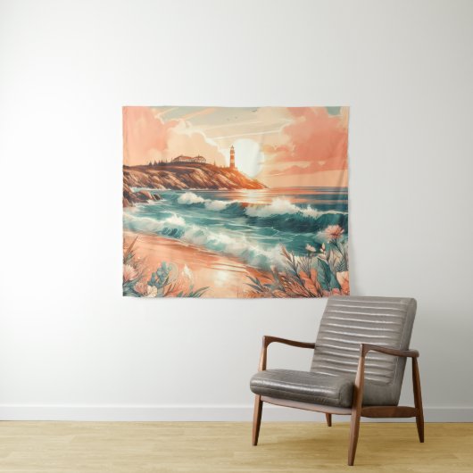 Tenture Sunset Lighthouse Ocean Beach Boho Floral (En situation (horizontale))