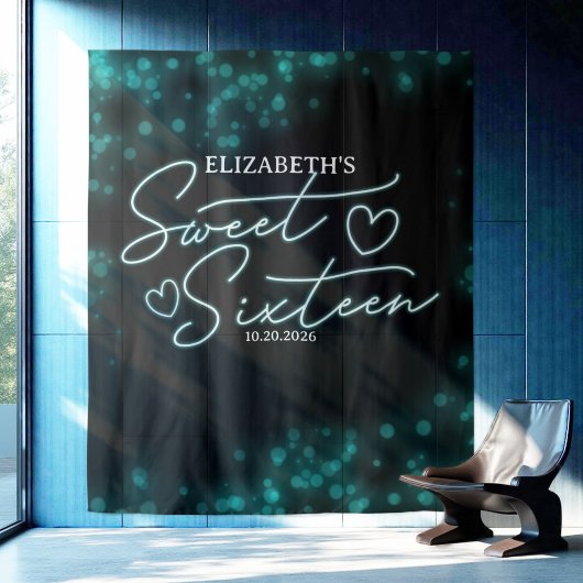 Tenture Sweet 16 Anniversaire Turquoise Neon Llow fond