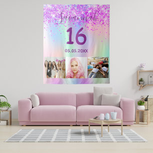 Tenture Sweet 16 anniversaire violet rose holographique ph