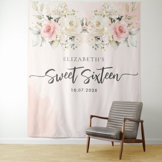 Tenture Sweet 16 Aquarelle rose Floral Anniversaire fond (En situation)