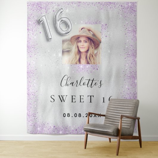 Tenture Sweet 16 argent photo purple parties scintillant p (En situation)