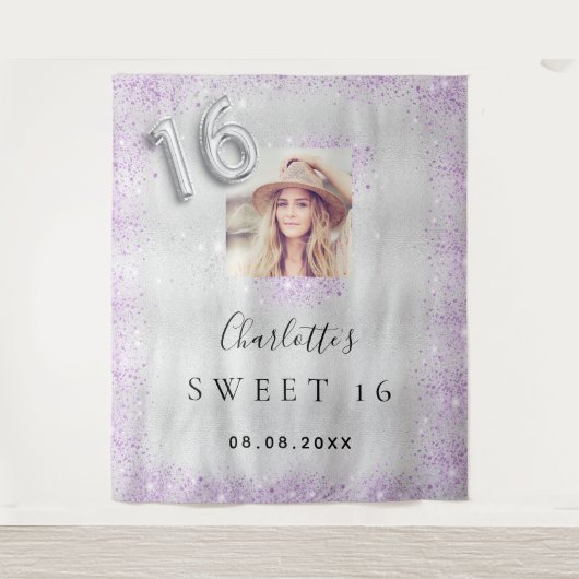 Tenture Sweet 16 argent photo purple parties scintillant p (Devant)