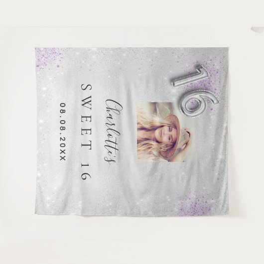 Tenture Sweet 16 argent violet photo parties scintillant p (Devant (Horizontal))