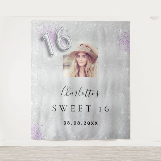 Tenture Sweet 16 argent violet photo parties scintillant p (Devant)