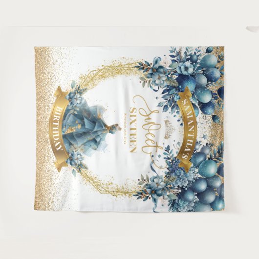 Tenture Sweet 16 Bleu or Aquarelle Bleu Fond (Devant (Horizontal))