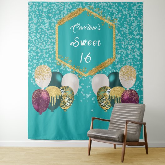 Tenture Sweet 16 bleu Turquoise Parties scintillant & Part (En situation)