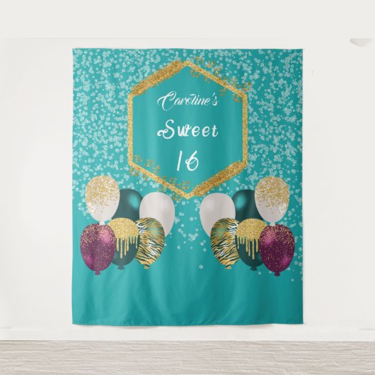 Tenture Sweet 16 bleu Turquoise Parties scintillant & Part (Devant)
