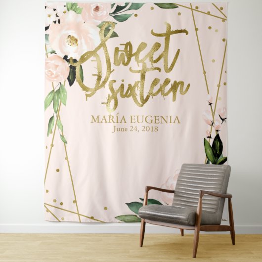 Tenture Sweet 16 Gold Foil Blush Rose Floral fond (En situation)