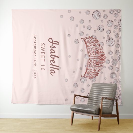 Tenture Sweet 16 rose or tiara couronne rose monogramme (En situation (horizontale))