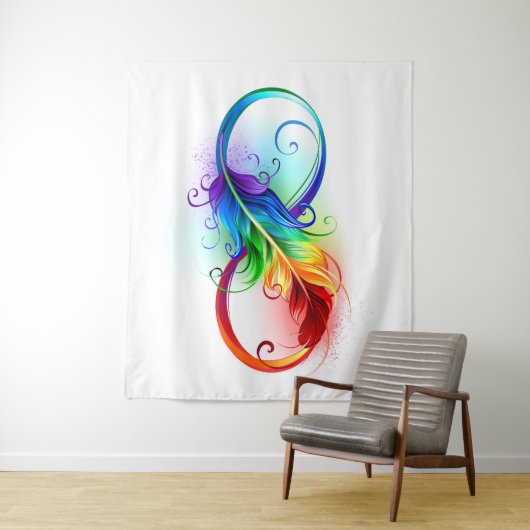 Tenture Symbole d'infini avec plume arc-en-ciel (En situation)
