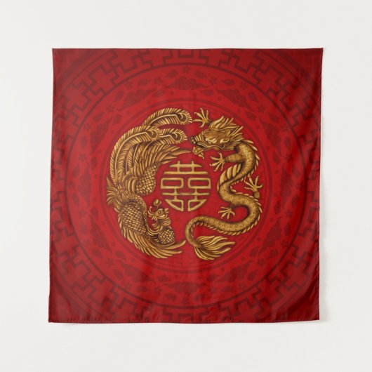 Tenture Symbole Double Bonheur avec Phoenix et Dragon Ta (Devant)