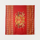 Tenture Symbole Double Bonheur Or avec fleurs et oiseau (Devant (Horizontal))