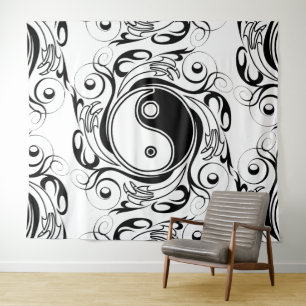 Tenture Symbole Yin & Yang Style de tatouage noir et blanc