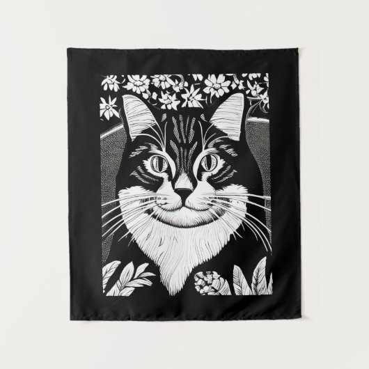 Tenture Tabby Cat entouré de fleurs (Devant)