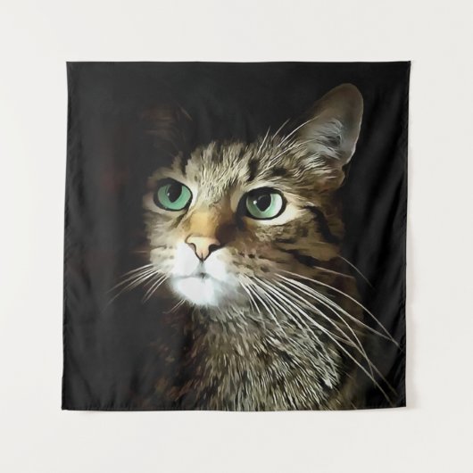 Tenture Tabby Chat Aux Yeux Verts Isolé Sur Noir (Devant)