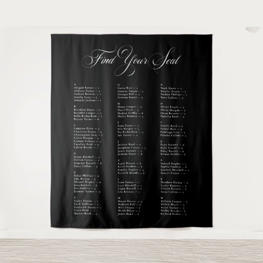 Tenture Tableau de placement de mariage alphabétique noir (Devant)